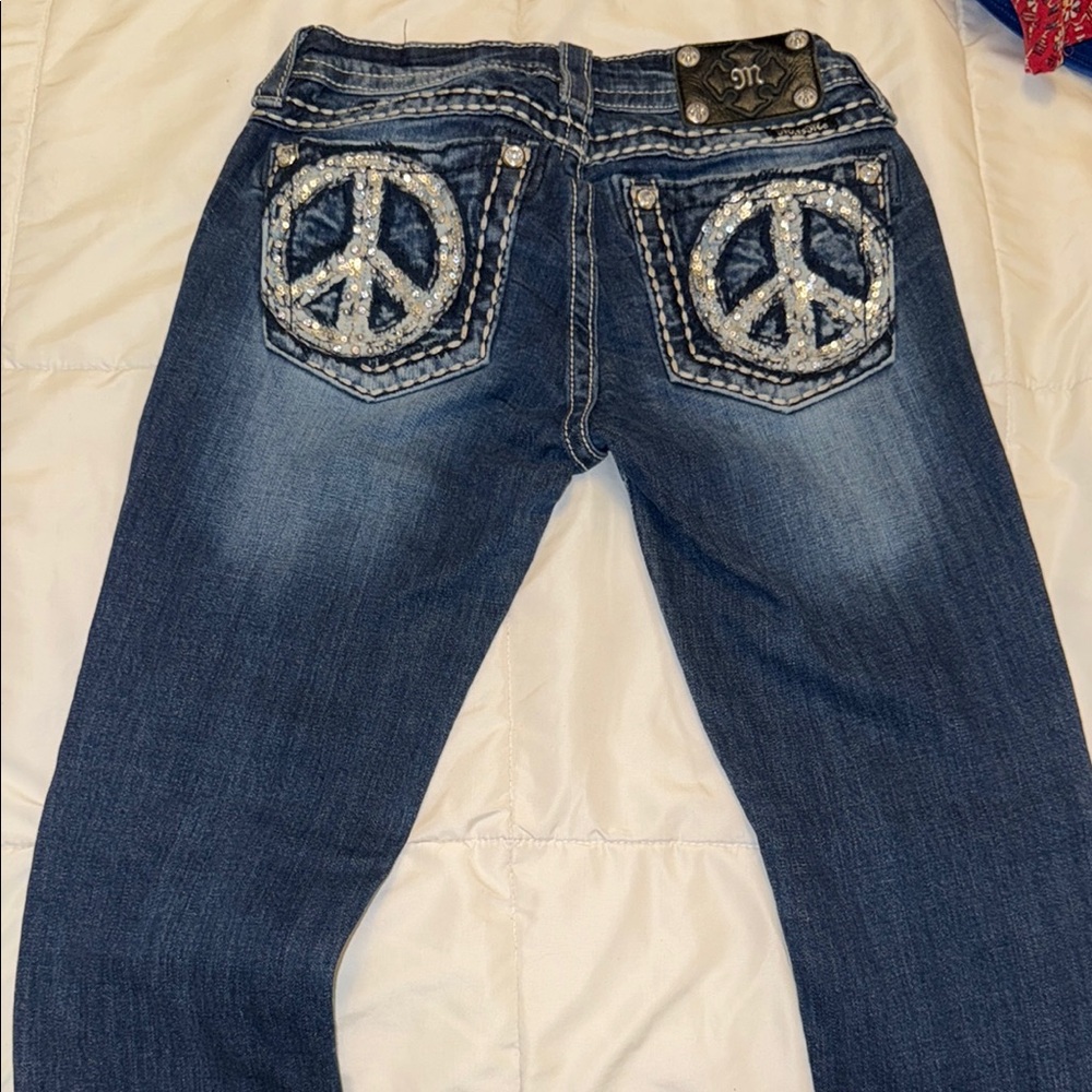 Women's Blue Jeans with Peace Sign Embroidery